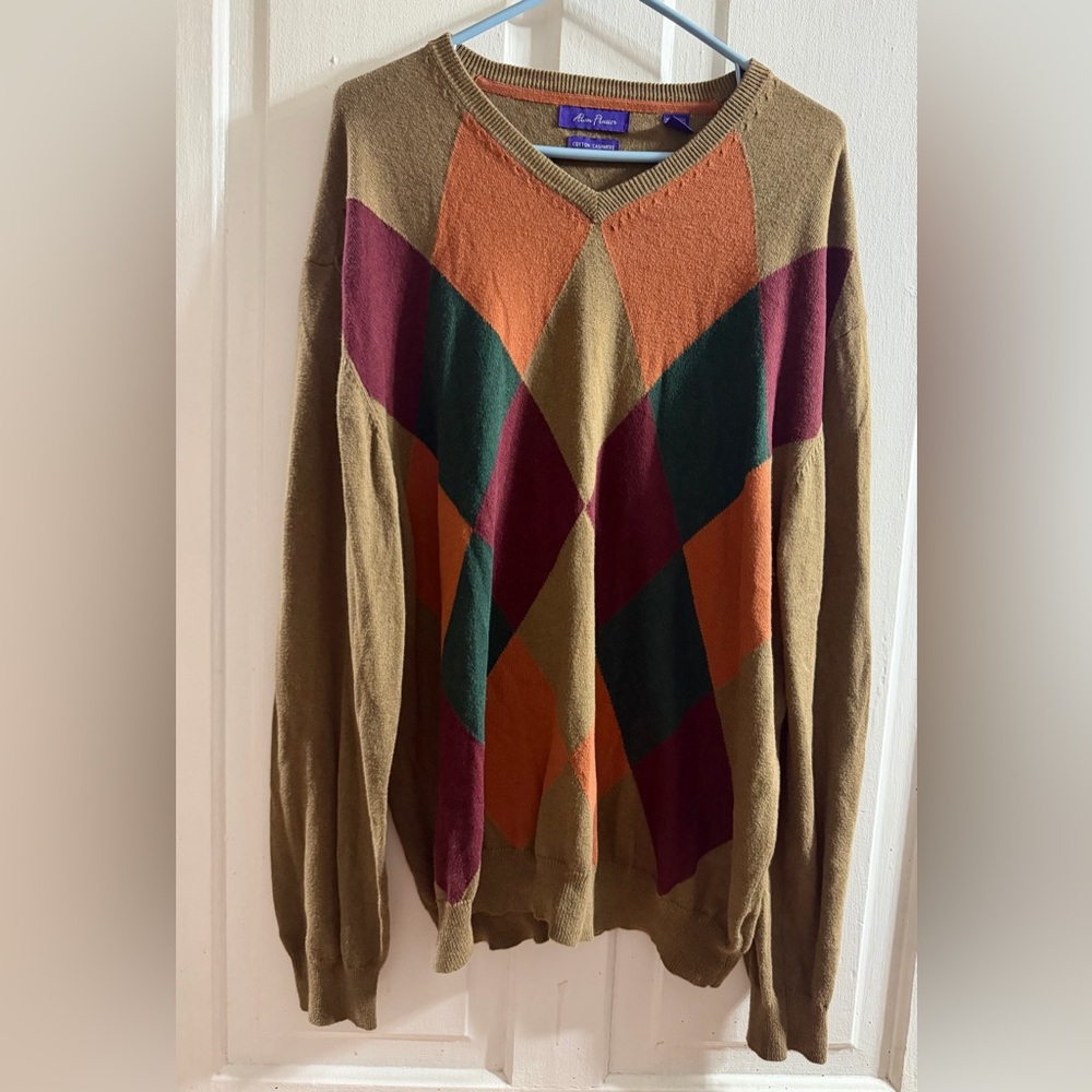 Alan Flusser Cotton Cashmere blend Men’s V-Neck Argyle Sweater